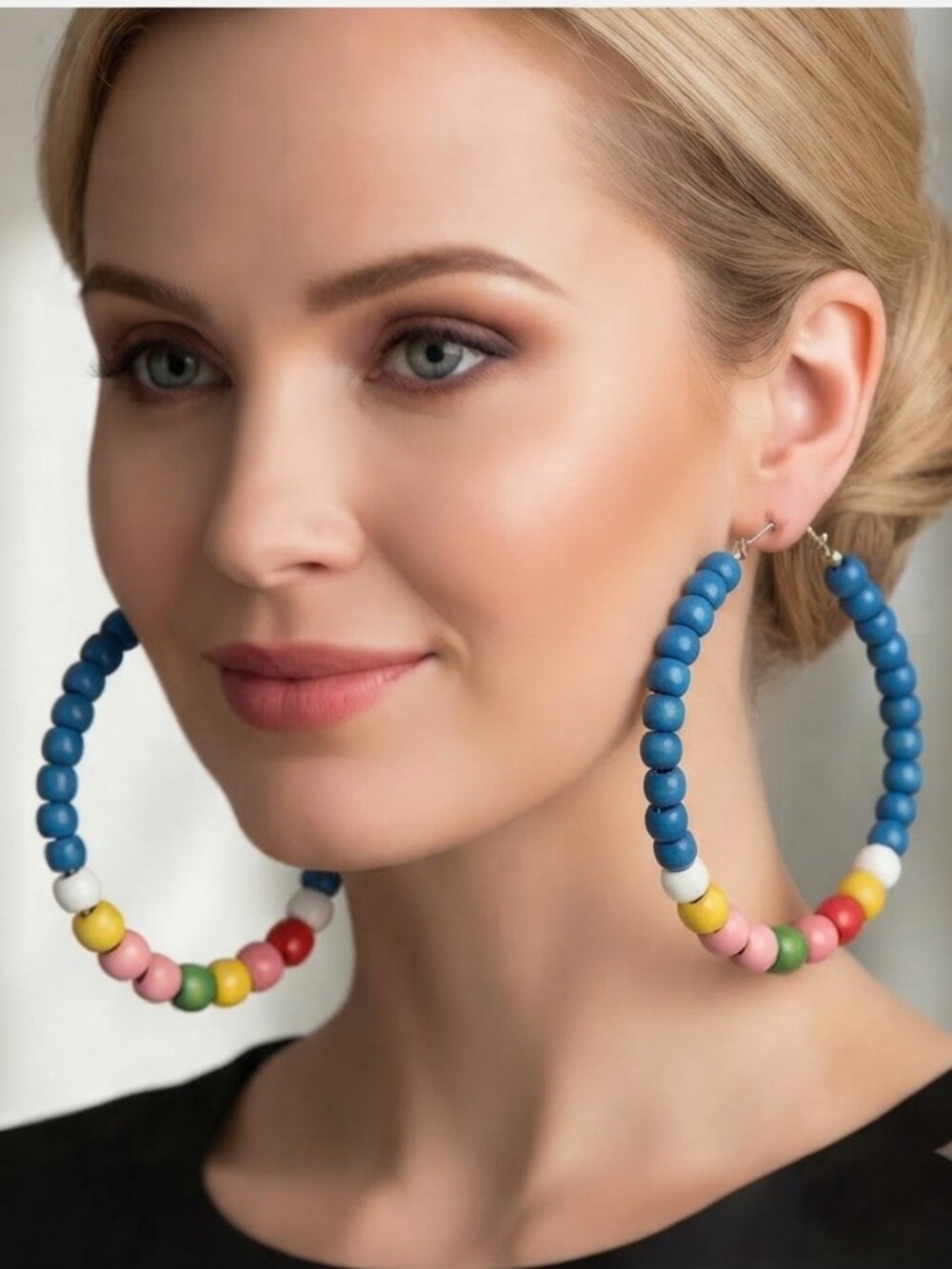 Multicolor Beaded Hoop Earrings — Bright Blue & Rainbow Accent 7cm